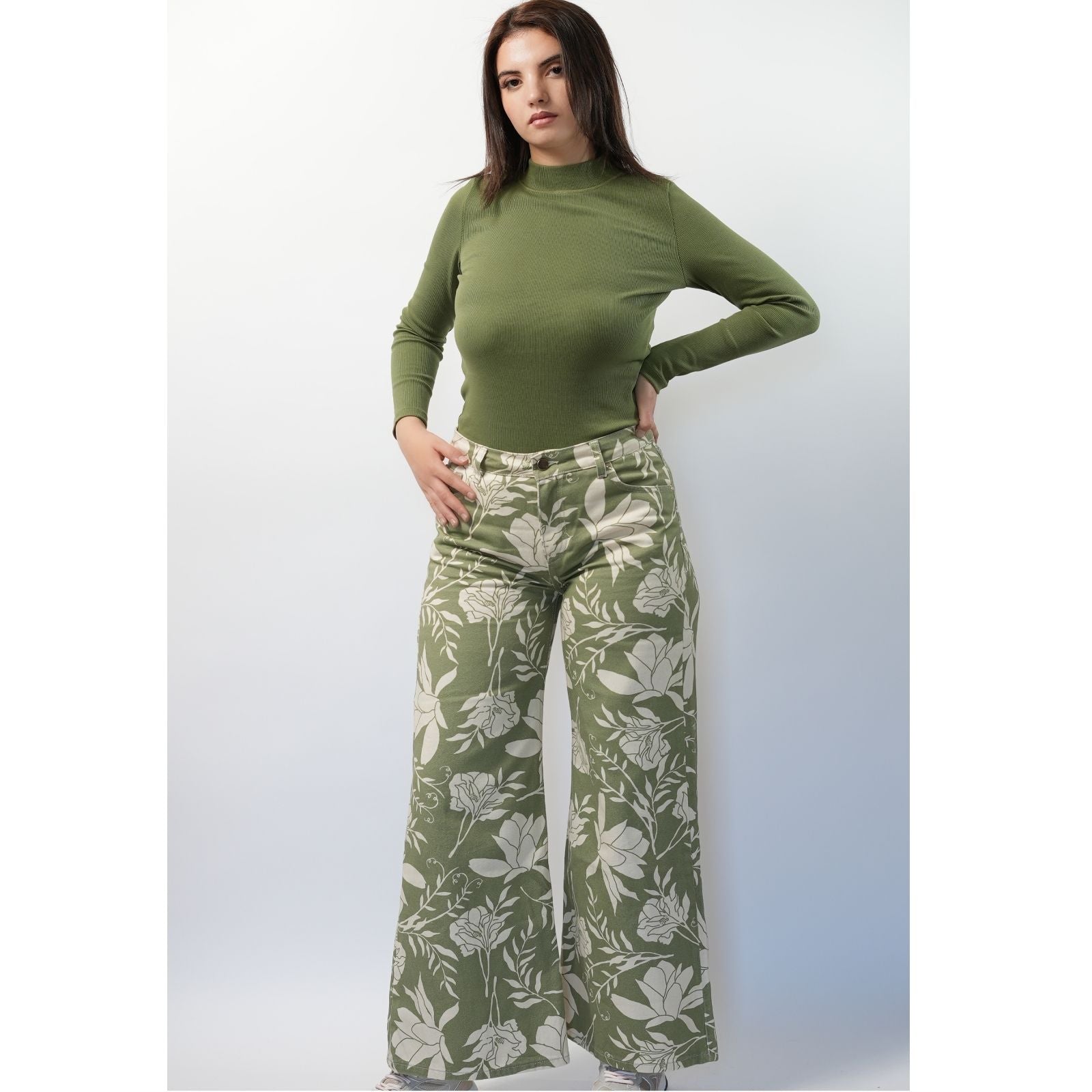 Pantalon large Imprimé Fleurie - Vert/ Beige