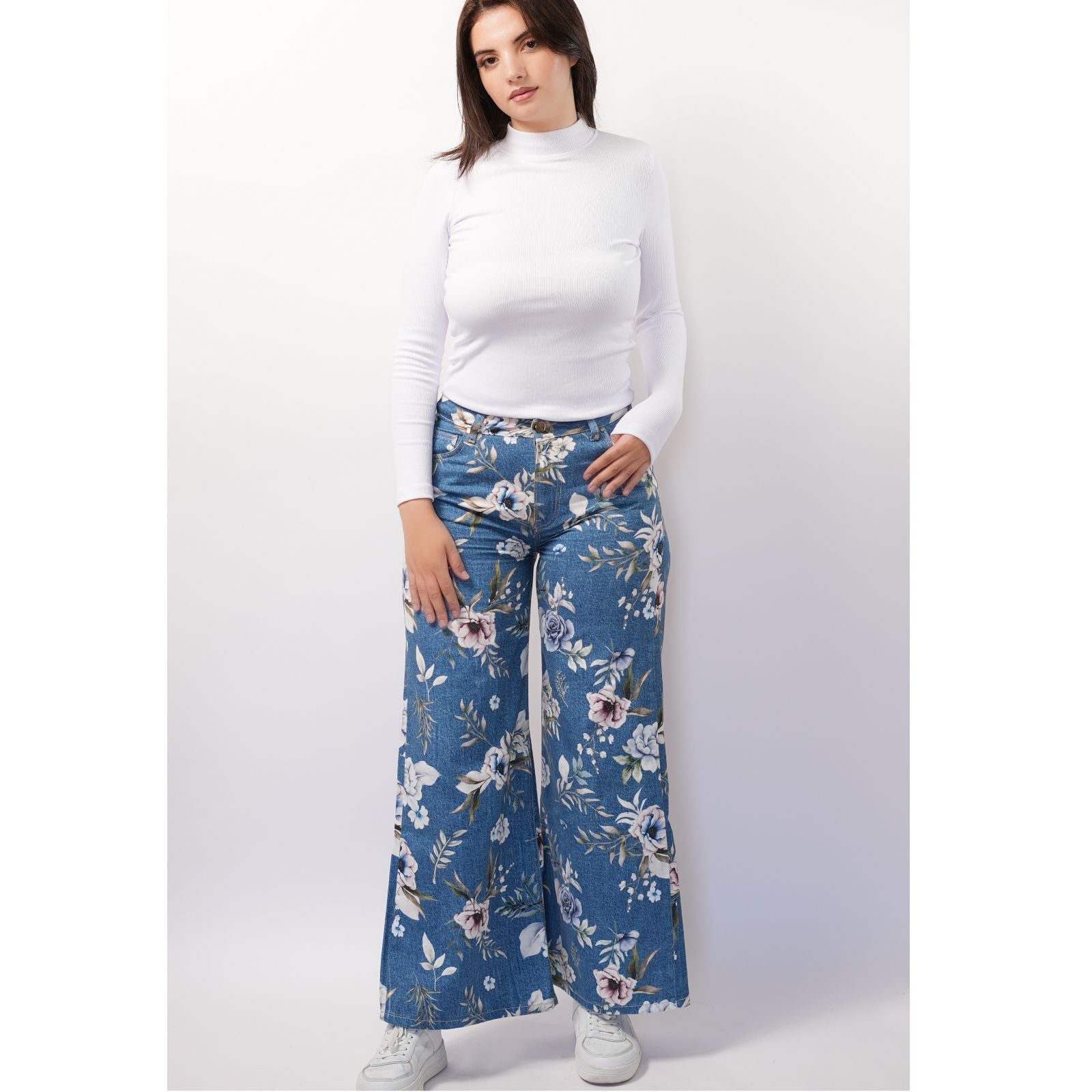 Pantalon Large Imprimé Fleurie -  Bleu