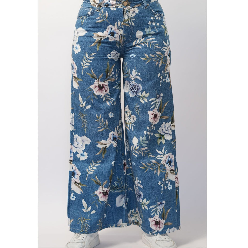 Pantalon Large Imprimé Fleurie -  Bleu