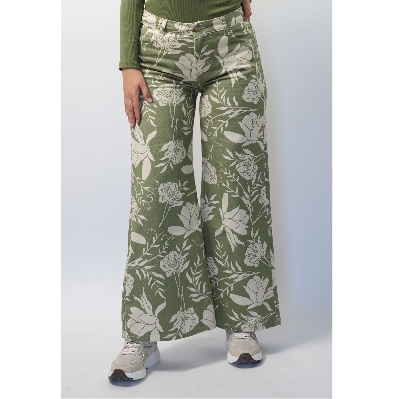 Pantalon large Imprimé Fleurie - Vert/ Beige