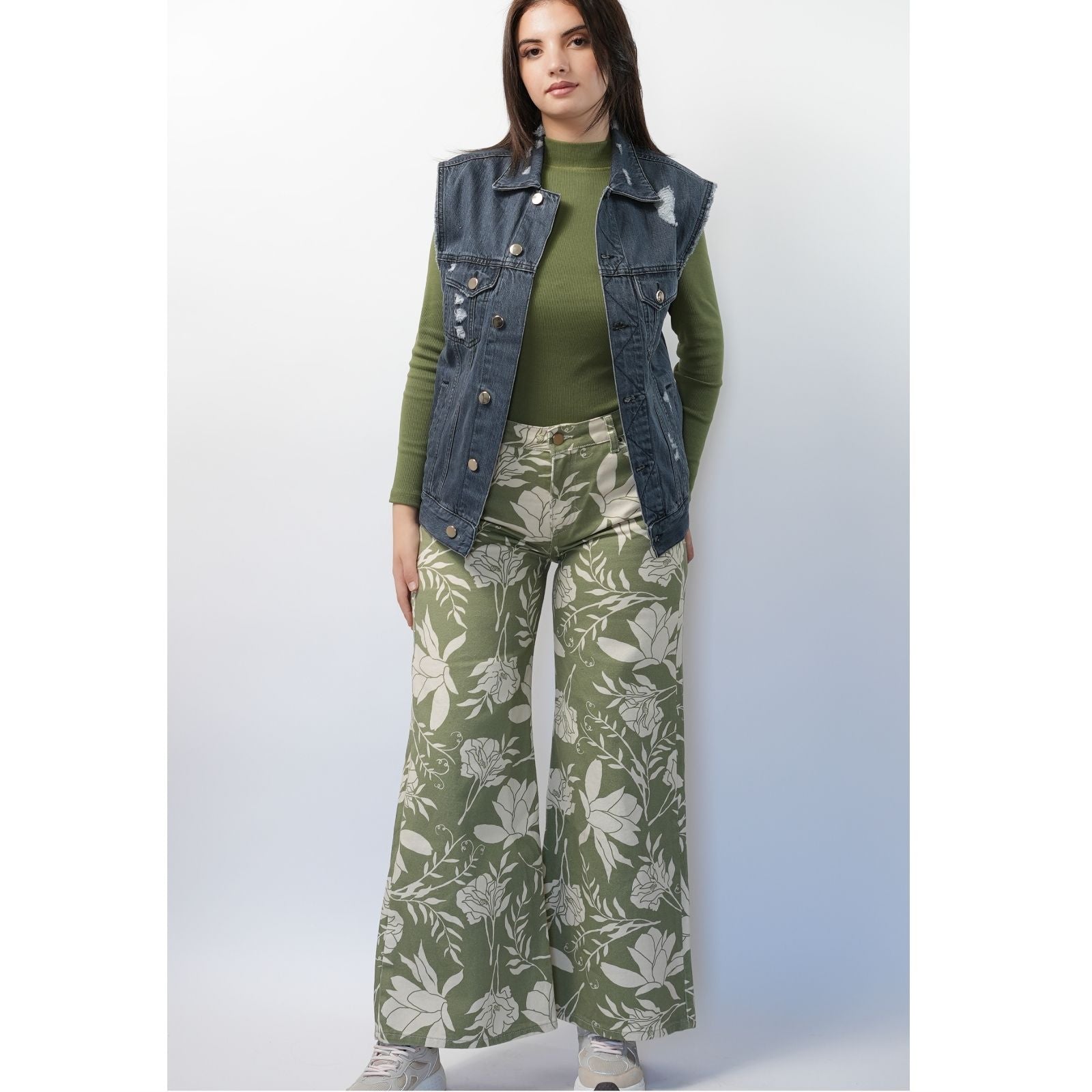 Pantalon large Imprimé Fleurie - Vert/ Beige