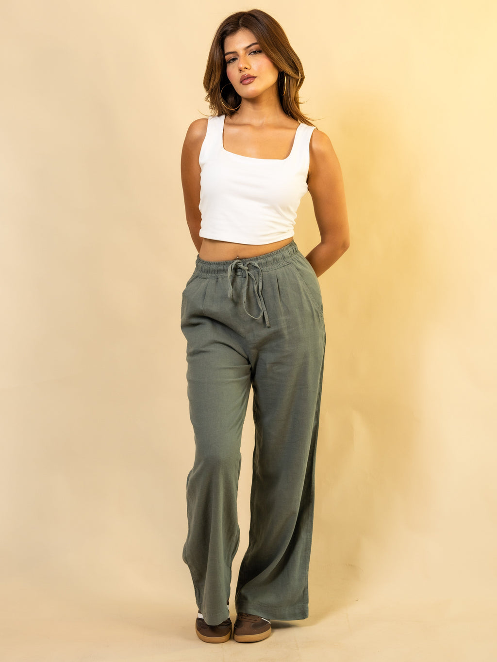 Pantalon En  Lin Naturel Vert Kaki