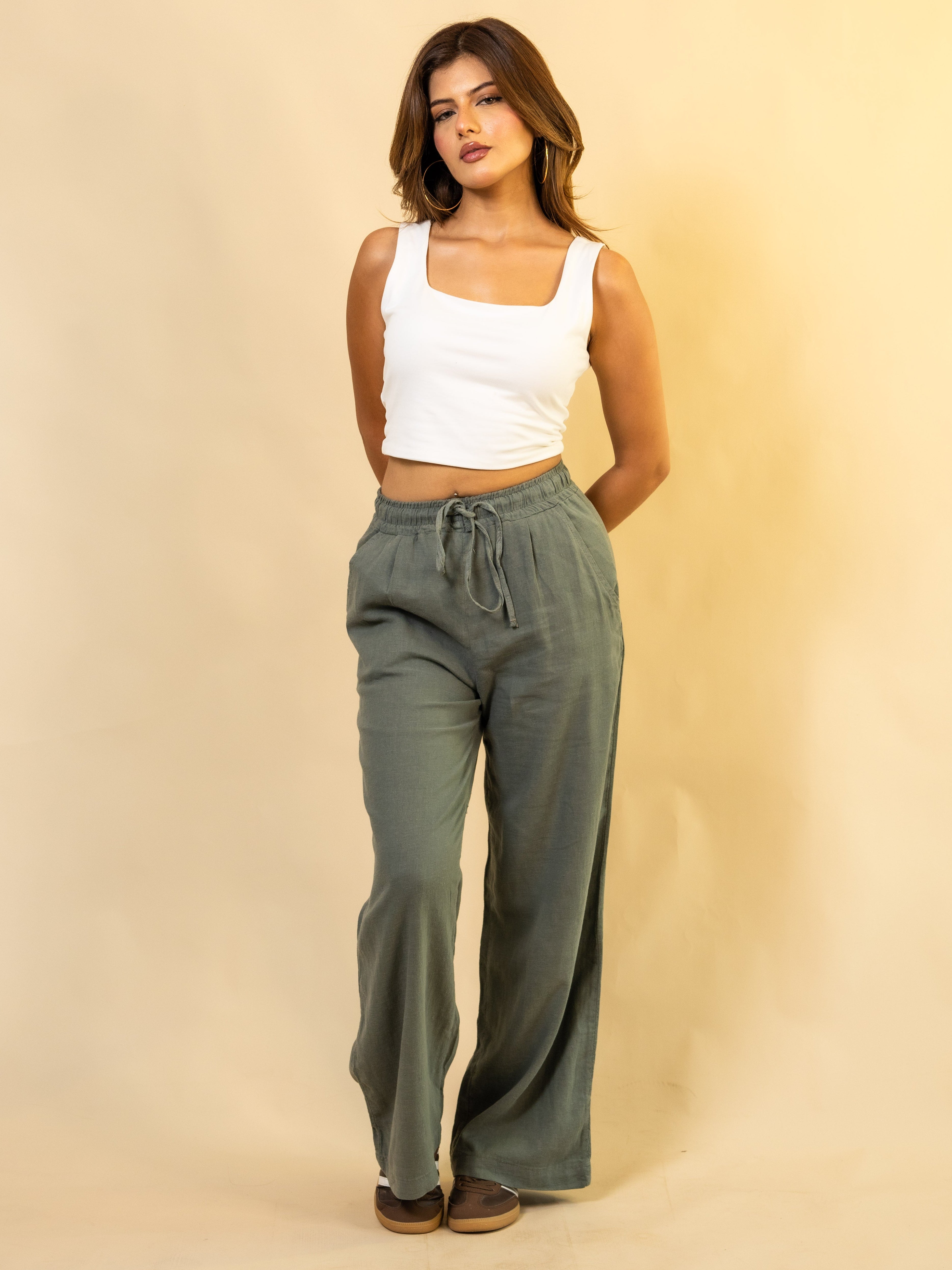 Pantalon En  Lin Naturel Vert Kaki