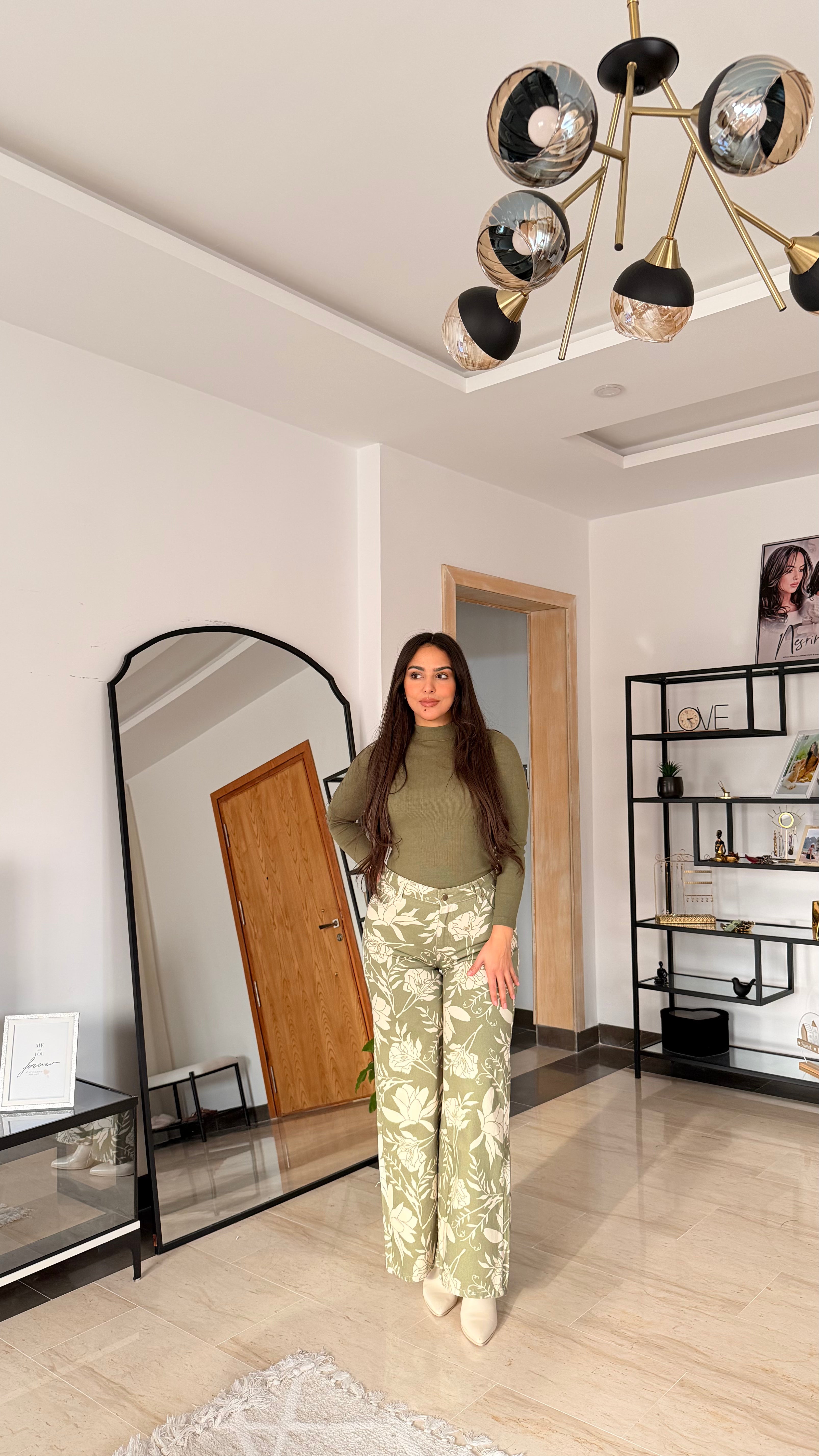 Pantalon large Imprimé Fleurie - Vert/ Beige