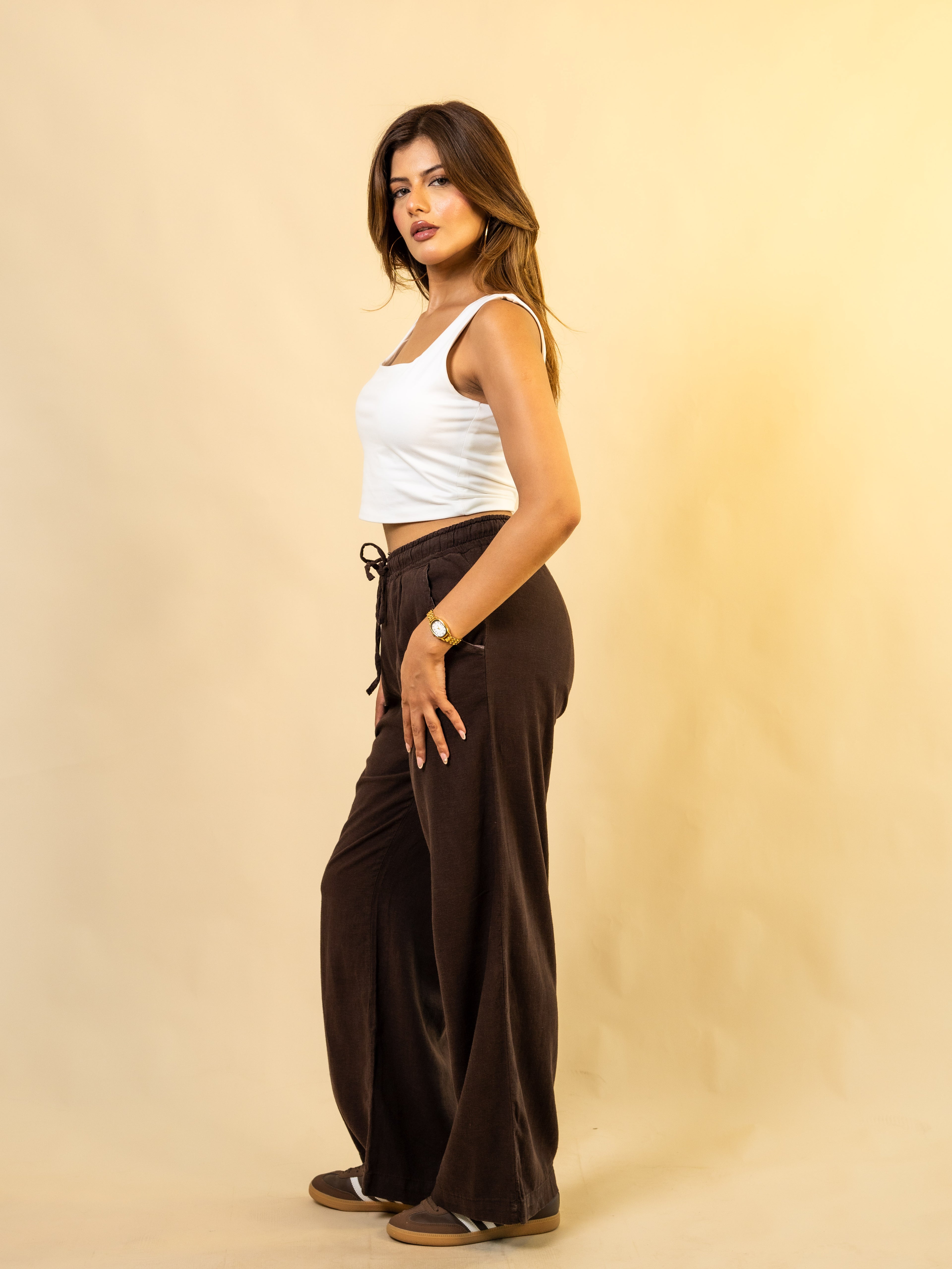 Pantalon En Lin Naturel Marron