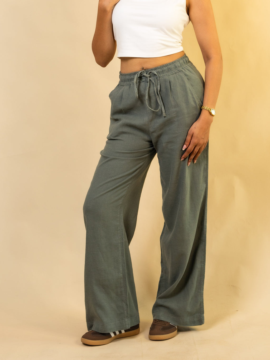 Pantalon En  Lin Naturel Vert Kaki