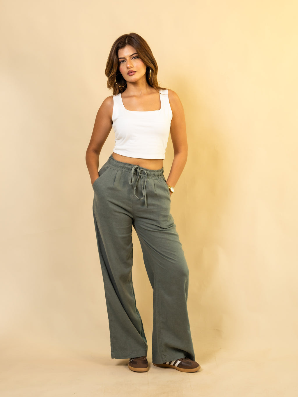 Pantalon En  Lin Naturel Vert Kaki