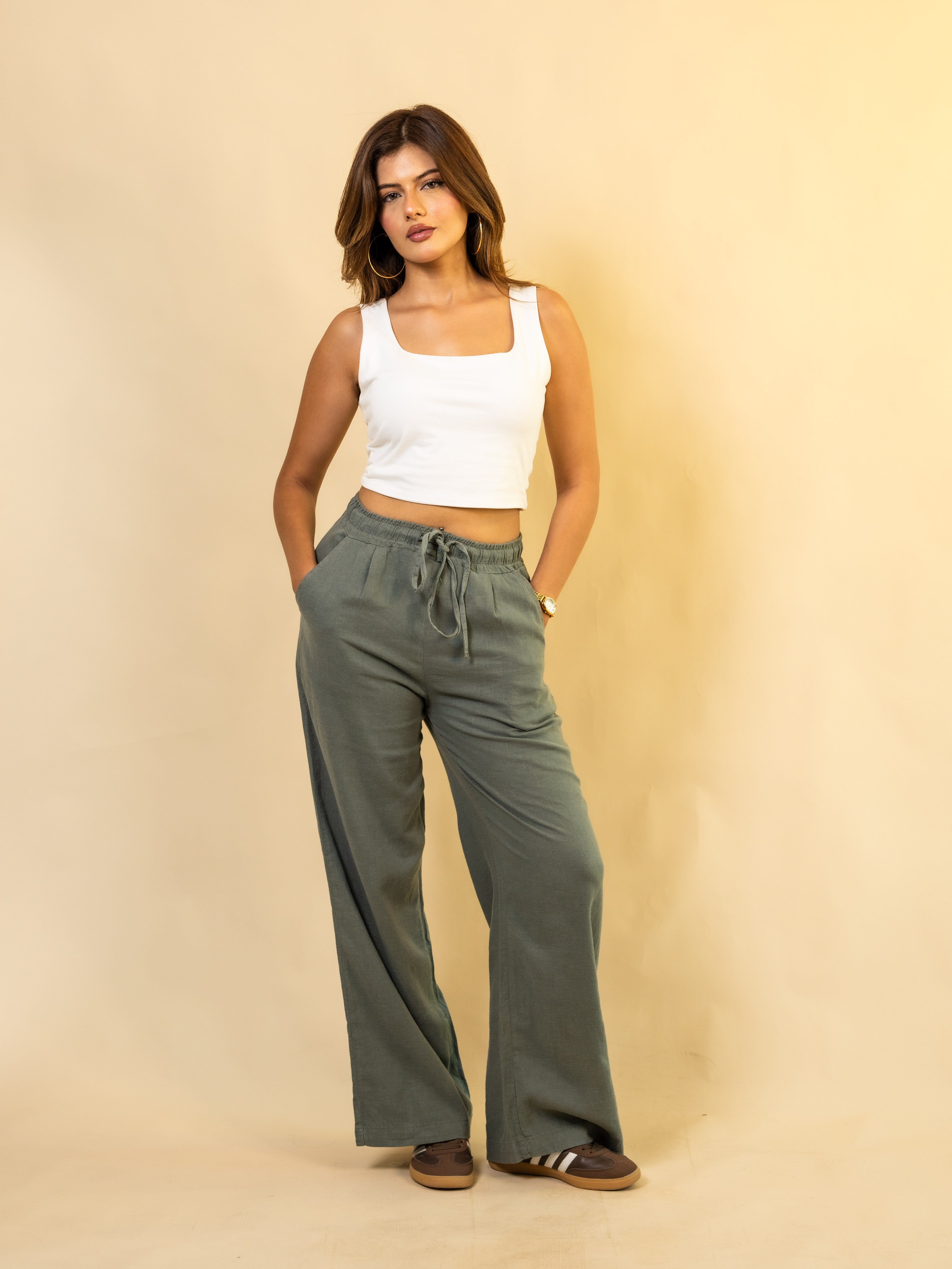 Pantalon En  Lin Naturel Vert Kaki